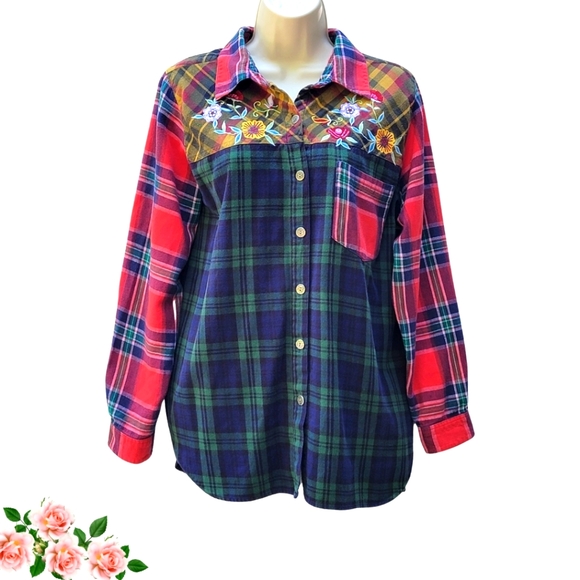 Blair Tops - Blair BOHO Flannel Shirt Embroidered Floral Plaid Patchwork Design Women's LG